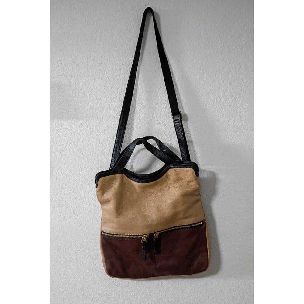 FOSSIL Large Brown Tan Black Leather ERIN Fold-Over Cross-Body Purse Tote Bag